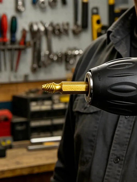 Worker holding drill with Six Piece Screw Extractor Drill Bit Set for Stripped and Broken Screws, Pro Grade Kit.