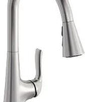 Harmony Single Hole Kitchen Faucet With Pull Down Sprayer 360 Degree Swivel Head Forward Only Lever Durable Nylon Braided Hose Lustrous Steel Finish For Easy Cleanup And Modern Kitchen Vibe in side profile view.