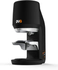 Electric Automatic Espresso Tamper For Home Baristas Featuring Self Leveling Precision With A Tight 53mm Fit Providing Hella Consistent Pucks And Knockout Quality Shots Daily side view of black electric tamper with metallic accents