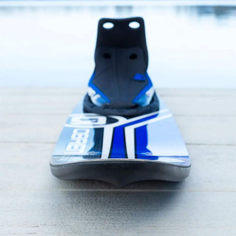 Close-up of 68-inch Adult Water Skis Celebrity Ski Combo For Beginners To Pros, blue design with dual tunnel, front angle view.
