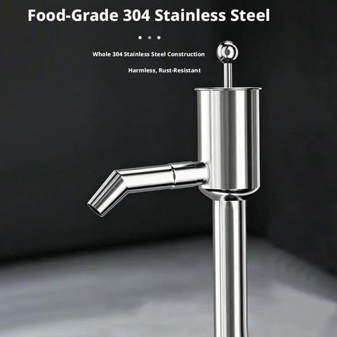 Hand Operated Manual Fluid Transfer Pump Stainless Steel Portable Siphon For Gas, Oil And Water Home Brewing Garage Work Reliable Gear close-up of spout and valve.