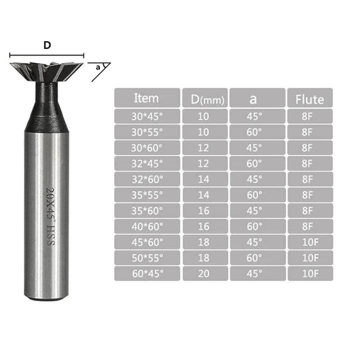 Dovetail milling cutter HSS end mill with fluted head and silver cylindrical shank for CNC router use