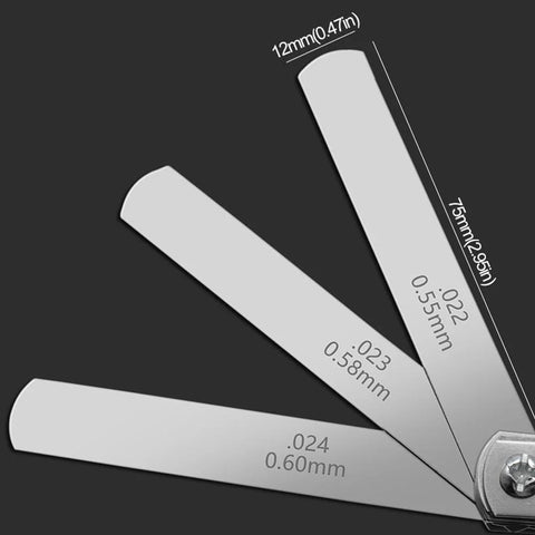 Feeler gauge set with 32 stainless steel blades, dual metric and SAE markings, front view
