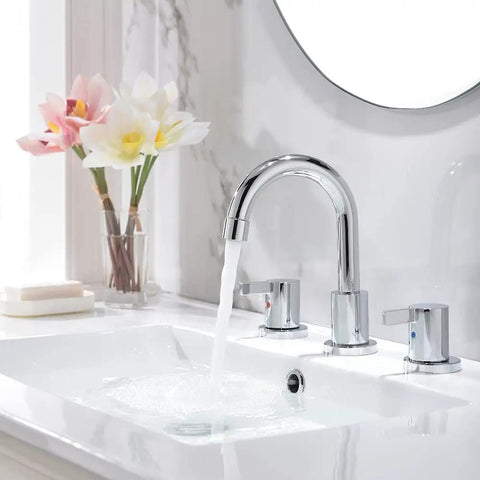 Chrome Finish Widespread Bathroom Sink Faucet With 8 Inch Spread For 3 Hole Vanities, running water and flowers in background