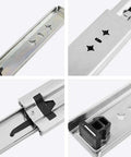 Close-up of Beefy Heavy Duty Drawer Rails With Full Extension Side Mount Slides Industrial 3 Section Track 650mm