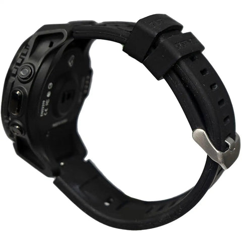 Back view of Graviton Color Dive Watch Computer with full color MIP display, black rubber strap, everyday wearable timepiece.