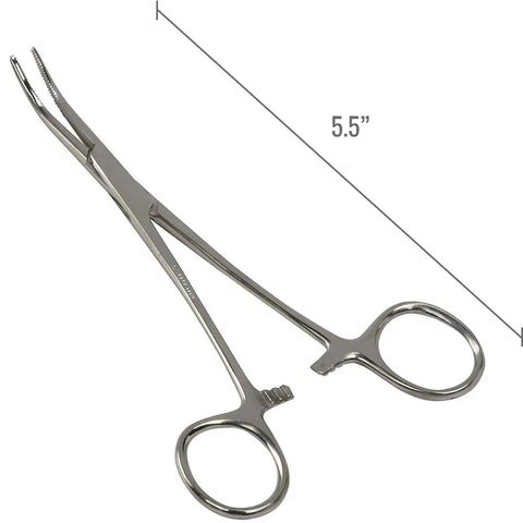 Curved Precision Kelly Forceps Locking Tweezers Clamp, 5.5 Inch Stainless Steel Medical Grasp Tool, curved tip view