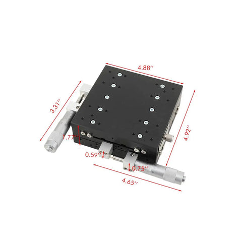 Dead Nuts Accurate Manual XY Axis Linear Stage 125X125mm Aluminum Sliding Table With 0.001mm Min Scale for precision optics, shown from above with dimensions.