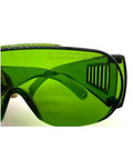 Badass OD5 Laser Protection Goggles Covering 190 To 470 Nm And 800 To 1700 Nm With Tough As Nails Shield side view with green lenses.