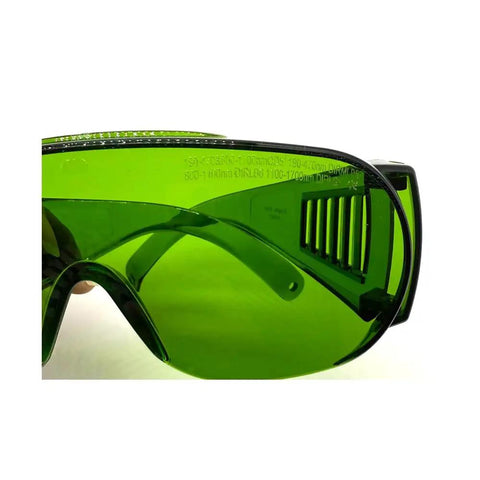 Badass OD5 Laser Protection Goggles Covering 190 To 470 Nm And 800 To 1700 Nm With Tough As Nails Shield side view with green lenses.