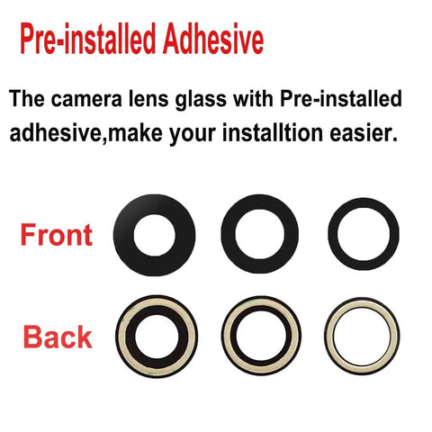 Front and back view of 2 Pack iPhone 14 Pro And 14 Pro Max Camera Lens Replacement Glass With Pre Installed Adhesive And Repair Tools