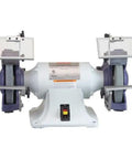 Pro Shop Ready 8 Inch Bench Grinder With 36 60 Grit Wheels And 5/8 Inch Arbor front view showing wheel size and dust control features.
