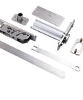 Built Damn Tough Heavy Duty 360 Degree Rotating Pivot Hinge For Invisible Doors With Rock Solid 500 Kilogram Capacity And Smooth 90 Degree Self Closing Floor Spring Mounting Kit components on white background.
