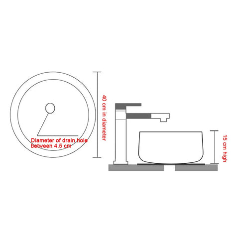 Top Shelf 15.7 Inch Round Pink Ceramic Vessel Bathroom Sink Over Counter Vanity Basin With Super Easy Pop Up Waste Kit slick design dimensions and drain details
