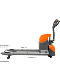 Aequanta Full Electric Pallet Jack side view showing dimensions, 6.3 inch width, 3900 lb capacity for narrow aisles.