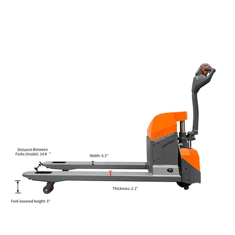 Aequanta Full Electric Pallet Jack side view showing dimensions, 6.3 inch width, 3900 lb capacity for narrow aisles.