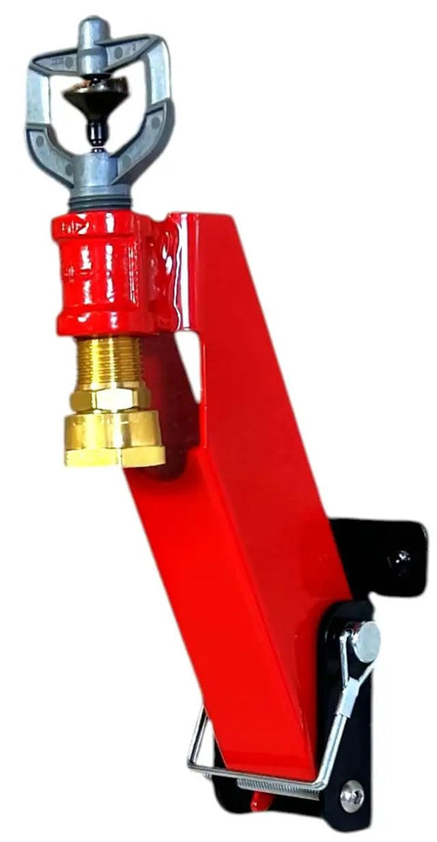 Single Standard Mount Pin Connect Fire Sprinkler For Wildfire Yard Defense And Property Guard featuring a red body and brass connector.