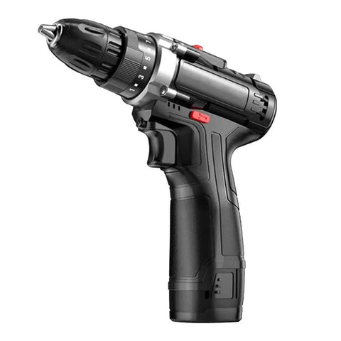 Rugged Cordless Impact Drill And Electric Hand Screwdriver With Rechargeable Lithium Battery Two Speed Switch Twenty Five Torque Settings And Badass All Copper Motor For Serious Builds side view showing adjustable torque settings and ergonomic grip.