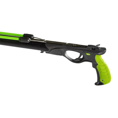 Beast Speargun For Spearfishing With 28mm Aluminum Barrel, 6.5mm Tahitian Shaft, green handle detail