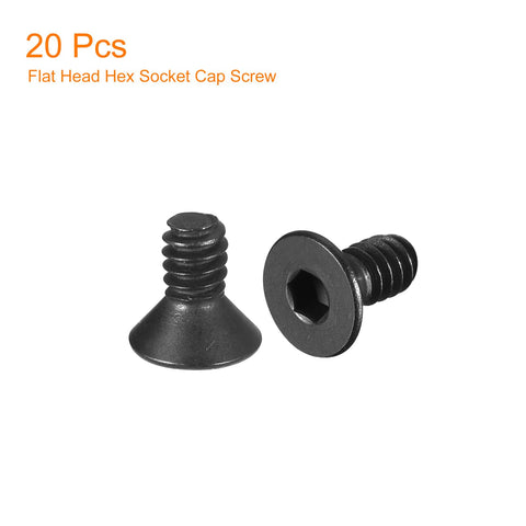 Twenty Piece Top Shelf Five Forty By One Quarter Flat Socket Head Screws With Slick Black Oxide Coating and Dang Tough Grip Made From Hella Strong Ten Point Carbon Steel For Real Daily Wrenching Projects, showing two flat head hex socket cap screws.