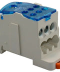 Beefy 1 In 6 Out DIN Rail Power Distribution Terminal Block 80A White Housing Universal Wire Connector For Industrial Electrical Panels And Control Systems Six Channel Heavy Duty Easy Mount, blue cover