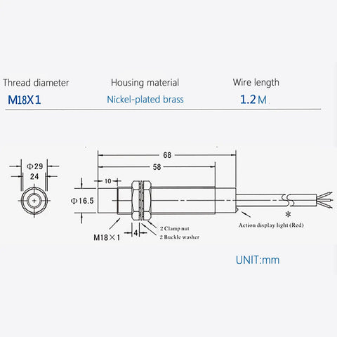 Technical drawing of Five Pack Inductive Proximity Sensor Switch LJ18A3-8-Z/BY Normally Open PNP DC 6 To 36V M18 8mm 3 Wire Sensor