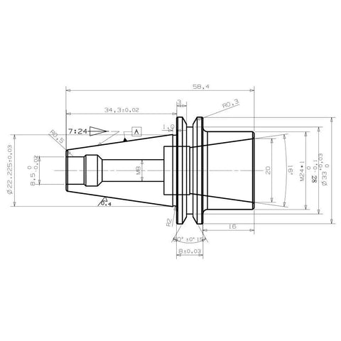 Technical drawing of Iso20 Er20 35L Collet Chuck Toolholder for CNC Milling with dimensions and specifications.