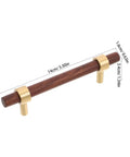 Walnut Cabinet Pulls Set 2 Pack Modern Long Handles for Kitchen cabinets, dark brown wood with brass accents, 96mm hole spacing