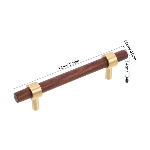 Walnut Cabinet Pulls Set 2 Pack Modern Long Handles for Kitchen cabinets, dark brown wood with brass accents, 96mm hole spacing