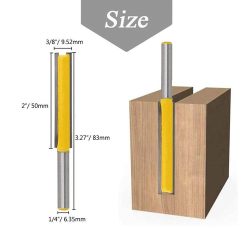Two Piece Extra Long Straight Router Bit Set With One Quarter Inch Shank, Double Flute Grooving Bits For Trimming And Milling, dimensions shown.