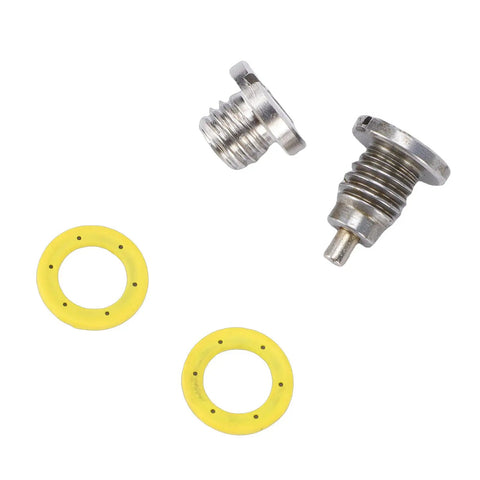 Upgrade Your Mariner Outboard With This Premium Metal Gear Case Drain Plug Kit 2 Pack Featuring Precise Seal And Easy Install For Oil Maintenance Without The Hassle Of OEM Parts. two metal drain plugs with yellow seals