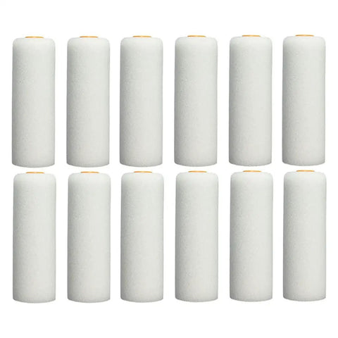 Professional 13 Piece Paint Foam Roller Set With Contoured Handles And Thick Density Foam Cores, 12 white foam rollers arranged in grid.