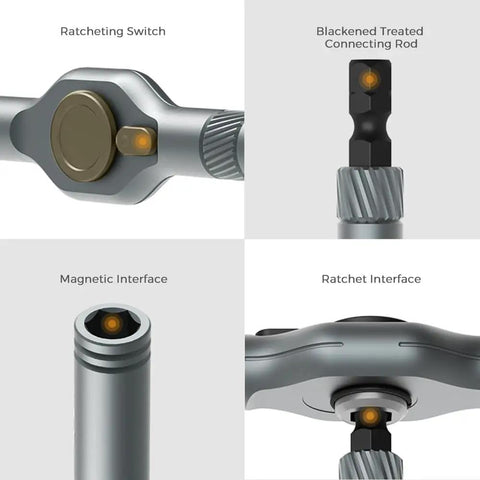 Close-up of All In One Magnetic Screwdriver Set With 8 Long Bits And 32 Short Bits, showing ratcheting handle and magnetic tips.
