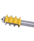 Top Shelf 2 Piece Triple Bead Column Molding Router Bit Set For Fancy Woodwork And Furniture Legs Featuring Fast Tenon Cutter Action, showing carbide bit with yellow spiral.