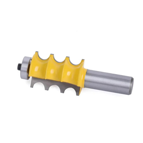Top Shelf 2 Piece Triple Bead Column Molding Router Bit Set For Fancy Woodwork And Furniture Legs Featuring Fast Tenon Cutter Action, showing carbide bit with yellow spiral.