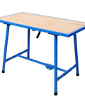 Heavy Duty Foldable Workbench Featuring Tough As Nails Steel Frame And Premium Wood Top, No Sweat Assembly For Garage Or Home Shop, 660 Lb Load Capacity, Blue viewed from the side with blue steel frame and wooden top.