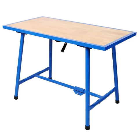 Heavy Duty Foldable Workbench Featuring Tough As Nails Steel Frame And Premium Wood Top, No Sweat Assembly For Garage Or Home Shop, 660 Lb Load Capacity, Blue viewed from the side with blue steel frame and wooden top.