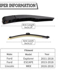 Complete Rear Wiper Arm And Blade Kit Swap For Ford Escape 2013 To 2023 And Explorer 2011 To 2023 showing wiper lengths and fitment details.
