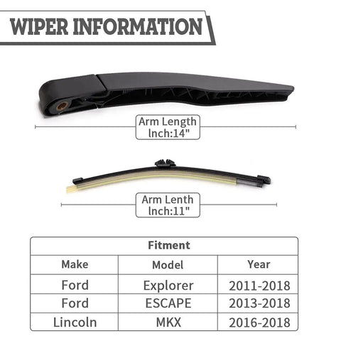 Complete Rear Wiper Arm And Blade Kit Swap For Ford Escape 2013 To 2023 And Explorer 2011 To 2023 showing wiper lengths and fitment details.
