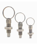 Five Piece Heavy Duty Stainless Steel Index Plunger Set With Chunky Hex Knobs And Easy Grip Pull Up Screw Thread For Garage Cabinets And Job Site Gear in three sizes with pull ring.