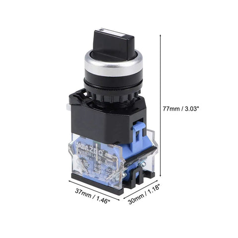 Three Position Rotary Selector Switch With Self Locking Two Normally Open Contacts 660V AC 10A Rating 22mm Panel Mount