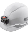 Non-Vented Cap Style Hard Hat With Padded Odor-Resistant Self-Wicking Sweatband All Day Comfort Machine Washable Tested Up To 20kV Plus Patent-Pending Front And Back Mounts For Headlamps And A Unique Suspension System, side view with headlamp attachment