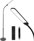 LED Floor Lamp With Adjustable Height And Stepless Dimming, sleek black design, shown with remote, minimalist reading light.