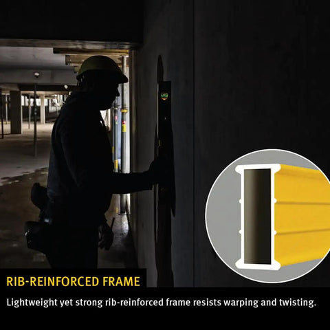 Construction worker using LED Lighted Level With Illuminated Vials For True Plumb And Level Readouts indoors beside a rib-reinforced detail.