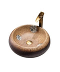 USZWBY Modern Round Vessel Vanity Sink Above Counter Basin Ceramic Wash Countertop Bathroom Art Balcony Simple in brown with gold faucet.
