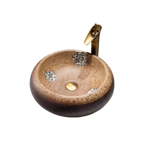 USZWBY Modern Round Vessel Vanity Sink Above Counter Basin Ceramic Wash Countertop Bathroom Art Balcony Simple in brown with gold faucet.