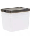 Big Ticket Clear Storage Bins 144 Quart 3 Pack Stackable Containers With Snappy Buckles Grooved Lid Handles Every Heavy Haul For Zero Drama Household Organization, clear plastic bin with a brown lid.