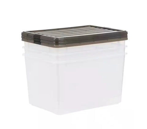 Big Ticket Clear Storage Bins 144 Quart 3 Pack Stackable Containers With Snappy Buckles Grooved Lid Handles Every Heavy Haul For Zero Drama Household Organization, clear plastic bin with a brown lid.