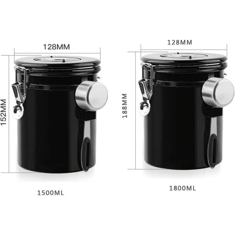 Solid Vacuum Sealed Coffee Canister With Date Dial Crafted From Heavy Duty 304 Stainless Steel Moisture Proof Jar, 1500ML and 1800ML sizes.