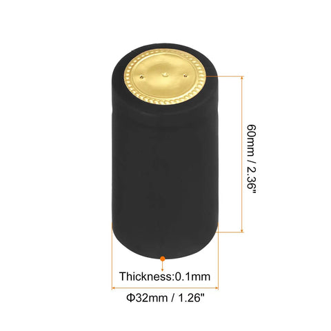 100 Pack Black PVC Heat Shrink Wine Bottle Caps 32mm Easy Seal Shrink Wrap Sleeves, single cap showing dimensions in inches and mm
